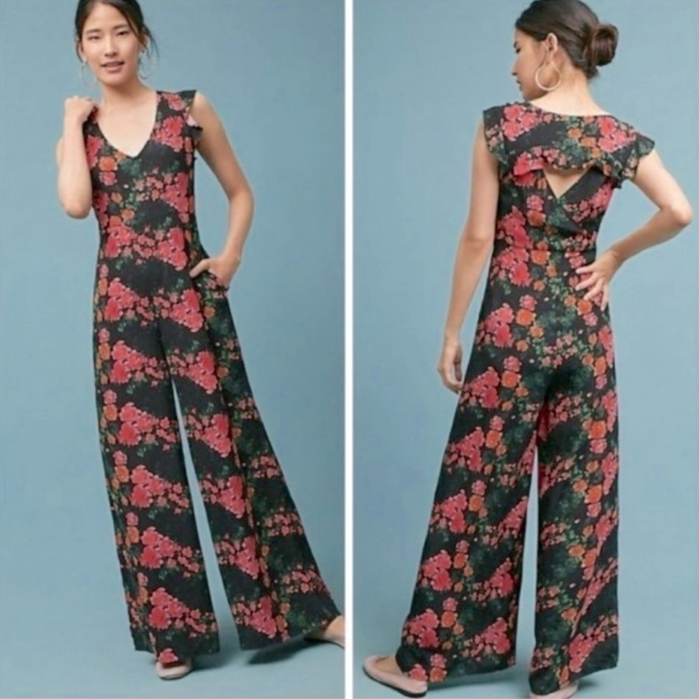 PLENTY by Tracy Reese x Anthro SM Laurette Black Red Floral Wide Leg Jumpsuit